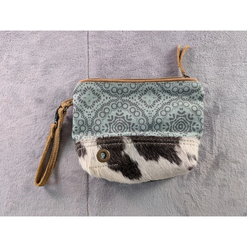 Myra Bag Canvas Cowhide Leather Wristlet Clutch Mandala Print Green Brown S-1011